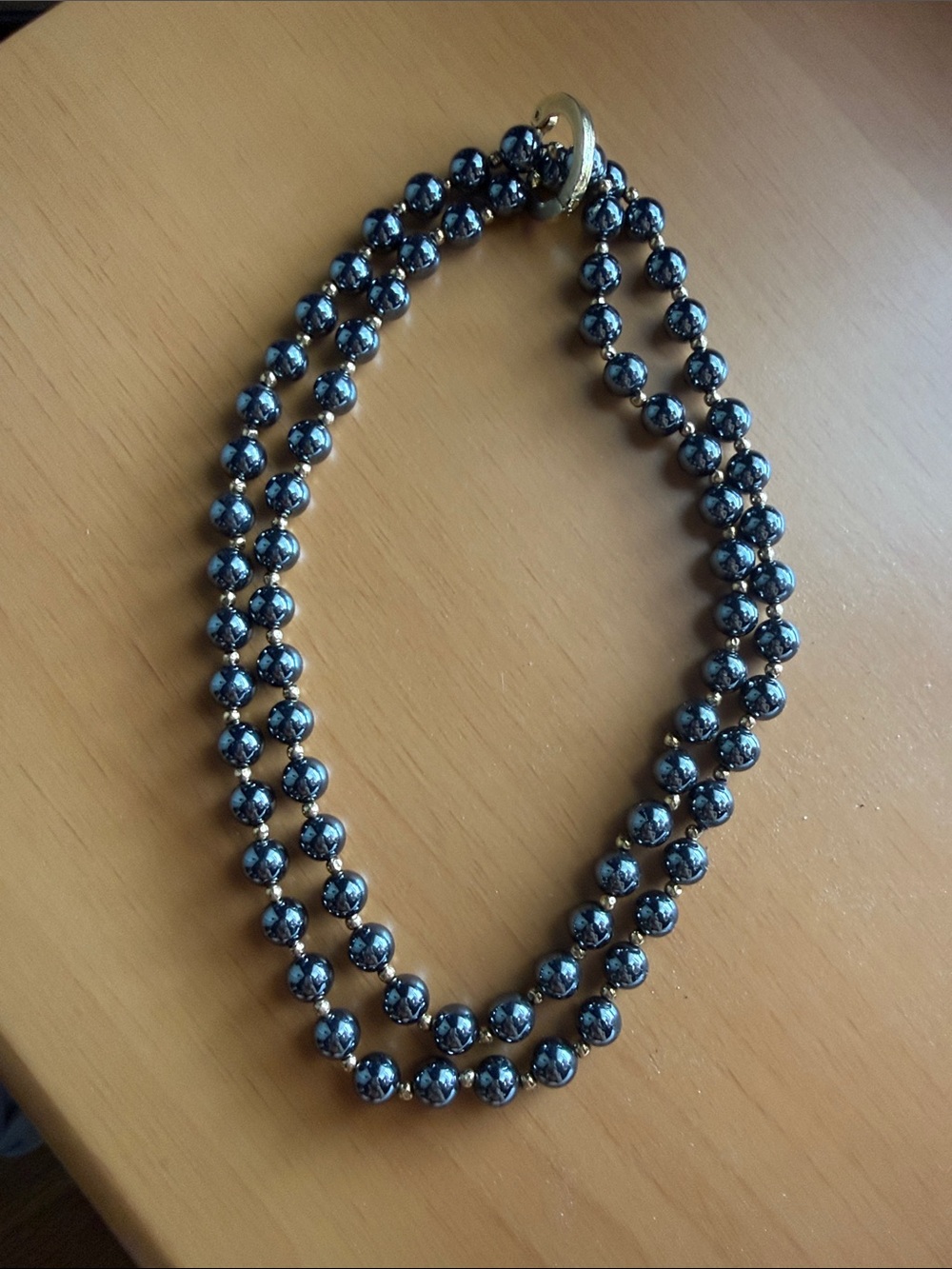 Vintage One Strand Hematite Bead Necklace - Black with adjustable ring.